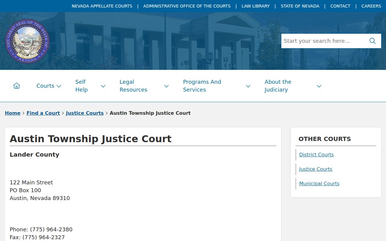 Lander County warrant search, Austin Township Justice Court contact page