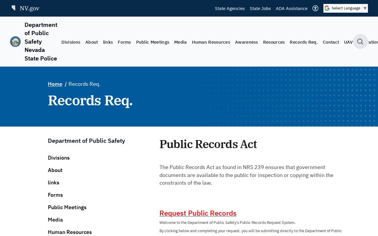 Lander County warrant search, Nevada DPS online public-records request route