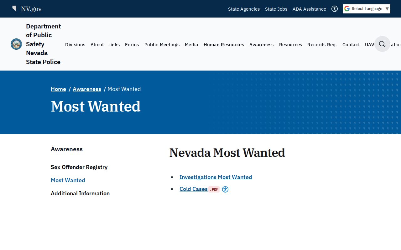 Lander County most wanted records, Nevada statewide public-safety program