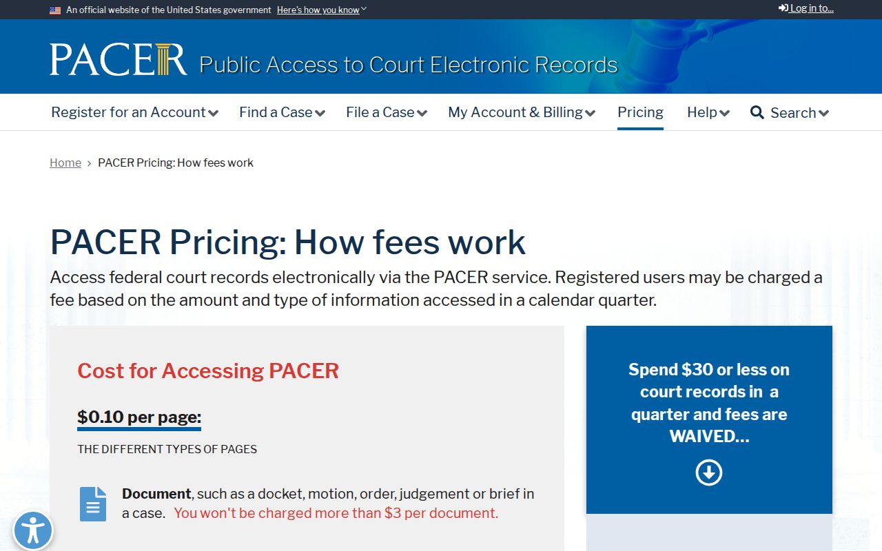 Lander County most wanted records, federal PACER access and fee reference